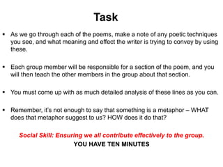 Task
 As we go through each of the poems, make a note of any poetic techniques
you see, and what meaning and effect the writer is trying to convey by using
these.
 Each group member will be responsible for a section of the poem, and you
will then teach the other members in the group about that section.
 You must come up with as much detailed analysis of these lines as you can.
 Remember, it’s not enough to say that something is a metaphor – WHAT
does that metaphor suggest to us? HOW does it do that?
Social Skill: Ensuring we all contribute effectively to the group.
YOU HAVE TEN MINUTES
 