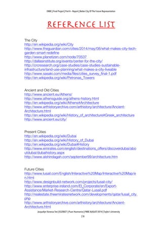 ENBE | Final Project | Part A – Report | Better City Of The Future Representation
	
  	
  
Jacquelyn Vanessa Tee | 0320021 | Puan Hasmanira | FNBE AUGUST 2014 | Taylor’s University
Reference list
The City
http://en.wikipedia.org/wiki/City
http://www.theguardian.com/cities/2014/may/08/what-makes-city-tech-
garden-smart-redefine
http://www.planetizen.com/node/70537
http://dallasinstitute.org/events/center-for-the-city/
http://crcresearch.org/case-studies/case-studies-sustainable-
infrastructure/land-use-planning/what-makes-a-city-liveable
http://www.sasaki.com/media/files/cities_survey_final-1.pdf
http://en.wikipedia.org/wiki/Petronas_Towers
Ancient and Old Cities
http://www.ancient.eu/Athens/
http://www.athensguide.org/athens-history.html
http://en.wikipedia.org/wiki/Athens#Architecture
http://www.arthistoryarchive.com/arthistory/architecture/Ancient-
Architecture.html
http://en.wikipedia.org/wiki/History_of_architecture#Greek_architecture
http://www.ancient.eu/city/
Present Cities
http://en.wikipedia.org/wiki/Dubai
http://en.wikipedia.org/wiki/History_of_Dubai
http://en.wikipedia.org/wiki/Dubai#History
http://www.emirates.com/english/destinations_offers/discoverdubai/abo
utdubai/dubaihistory.aspx
http://www.alshindagah.com/september99/architecture.htm
Future Cities
http://www.lusail.com/English/Interactive%20Map/Interactive%20Map/e
n.html
http://www.designbuild-network.com/projects/lusail-city/
http://www.enterprise-ireland.com/EI_Corporate/en/Export-
Assistance/Market-Research-Centre/Qatar-Lusail.pdf
http://realestate.theemiratesnetwork.com/developments/qatar/lusail_city.
php
http://www.arthistoryarchive.com/arthistory/architecture/Ancient-
Architecture.html
 