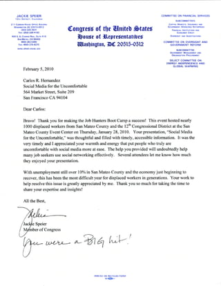 US Congresswoman Jackie Speier's "Thank You" Letter