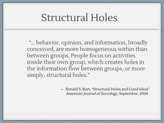 ̶ Ronald S. Burt, “Structural Holes and Good Ideas”
American Journal of Sociology, September, 2004
Structural Holes
“… behavior, opinion, and information, broadly
conceived, are more homogeneous within than
between groups. People focus on activities
inside their own group, which creates holes in
the information flow between groups, or more
simply, structural holes.”
 