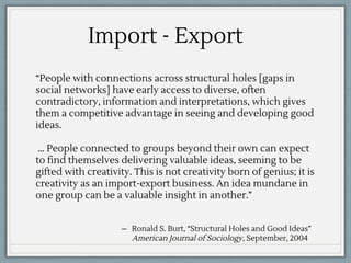 “People with connections across structural holes [gaps in
social networks] have early access to diverse, often
contradictory, information and interpretations, which gives
them a competitive advantage in seeing and developing good
ideas.
… People connected to groups beyond their own can expect
to find themselves delivering valuable ideas, seeming to be
gifted with creativity. This is not creativity born of genius; it is
creativity as an import-export business. An idea mundane in
one group can be a valuable insight in another.”
Import - Export
̶ Ronald S. Burt, “Structural Holes and Good Ideas”
American Journal of Sociology, September, 2004
 