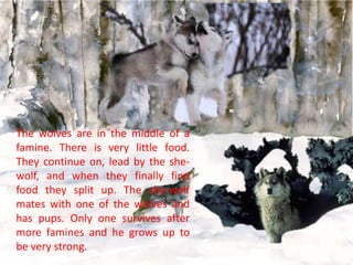 The wolves are in the middle of a
famine. There is very little food.
They continue on, lead by the shewolf, and when they finally find
food they split up. The she-wolf
mates with one of the wolves and
has pups. Only one survives after
more famines and he grows up to
be very strong.

 