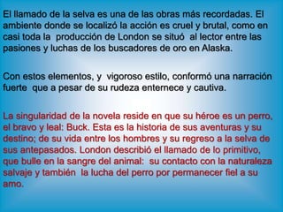 El llamado de la selva es una de las obras más recordadas. El
ambiente donde se localizó la acción es cruel y brutal, como en
casi toda la producción de London se situó al lector entre las
pasiones y luchas de los buscadores de oro en Alaska.
Con estos elementos, y vigoroso estilo, conformó una narración
fuerte que a pesar de su rudeza enternece y cautiva.
La singularidad de la novela reside en que su héroe es un perro,
el bravo y leal: Buck. Esta es la historia de sus aventuras y su
destino; de su vida entre los hombres y su regreso a la selva de
sus antepasados. London describió el llamado de lo primitivo,
que bulle en la sangre del animal: su contacto con la naturaleza
salvaje y también la lucha del perro por permanecer fiel a su
amo.
 