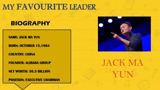 MY FAVOURITE LEADER
1
JACK MA
YUN
NAME: JACK MA YUN
BORN: OCTOBER 15,1964
COUNTRY: CHINA
FOUNDER: ALIBABA GROUP
NET WORTH: 50.3 BILLION
POSITION: EXECUTIVE CHAIRMAN
BIOGRAPHY
 