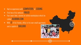 Had no experience with computersorcoding 
First two of his ventures failed 
Four years later, started an online marketplace which he called ‘Alibaba.com’ 
With 17of his friends, office in his own small apartment, and a capital of $60,000  