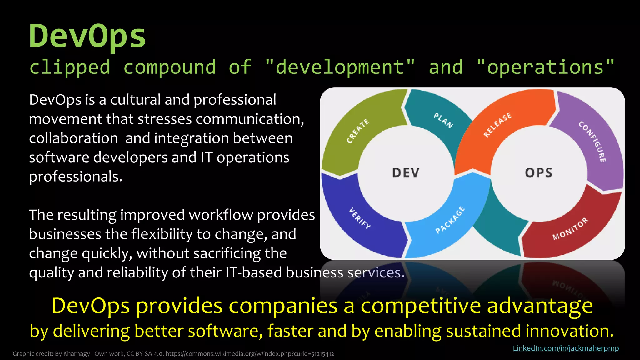 DevOps is a cultural and professional
movement that stresses communication,
collaboration and integration between
software developers and IT operations
professionals.
The resulting improved workflow provides
businesses the flexibility to change, and
change quickly, without sacrificing the
quality and reliability of their IT-based business services.
DevOps provides companies a competitive advantage
by delivering better software, faster and by enabling sustained innovation.
DevOps
clipped compound of "development" and "operations"
Graphic credit: By Kharnagy - Own work, CC BY-SA 4.0, https://commons.wikimedia.org/w/index.php?curid=51215412
LinkedIn.com/in/jackmaherpmp
 