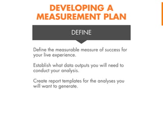 DEVELOPING A
MEASUREMENT PLAN
DEFINE
Deﬁne the measurable measure of success for
your live experience.
Establish what data outputs you will need to
conduct your analysis.
Create report templates for the analyses you
will want to generate.

 