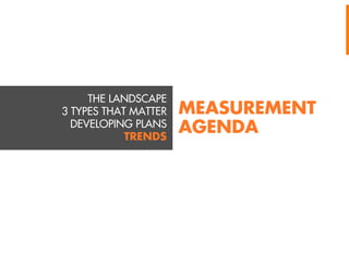 THE LANDSCAPE
3 TYPES THAT MATTER
DEVELOPING PLANS
TRENDS

MEASUREMENT
AGENDA

 