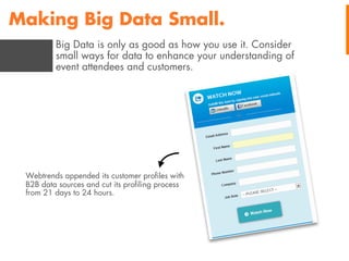 Making Big Data Small.
Big Data is only as good as how you use it. Consider
small ways for data to enhance your understanding of
event attendees and customers.

Webtrends appended its customer proﬁles with
B2B data sources and cut its proﬁling process
from 21 days to 24 hours.

 