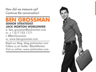 How did we measure up?
Continue the conversation!

BEN GROSSMAN
SENIOR STRATEGIST
JACK MORTON WORLDWIDE
e: ben_grossman@jackmorton.com
m: + 1.617.752.1171
t: @BenGrossman
w: www.ben-grossman.com

Read our blog: blog.jackmorton.com
Follow us on twitter: @JackMorton
Visit us online: www.jackmorton.com

 