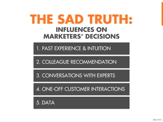 THE SAD TRUTH:
INFLUENCES ON
MARKETERS’ DECISIONS
1. PAST EXPERIENCE & INTUITION
2. COLLEAGUE RECOMMENDATION
3. CONVERSATIONS WITH EXPERTS
4. ONE-OFF CUSTOMER INTERACTIONS
5. DATA

CEB, 2012

 