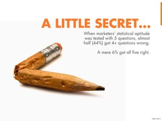 A LITTLE SECRET...
When marketers’ statistical aptitude
was tested with 5 questions, almost
half (44%) got 4+ questions wrong.
A mere 6% got all ﬁve right.

CEB, 2012

 
