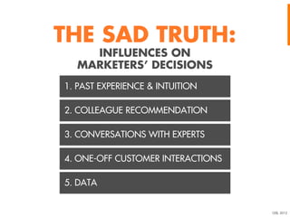 THE SAD TRUTH:
INFLUENCES ON
MARKETERS’ DECISIONS
1. PAST EXPERIENCE & INTUITION
2. COLLEAGUE RECOMMENDATION
3. CONVERSATI...