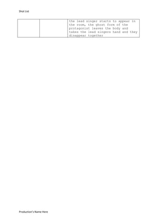 Shot List


                         the lead singer starts to appear in
                         the room, the ghost form of the
                         protagonist leaves the body and
                         takes the lead singers hand and they
                         disappear together




Production’s Name Here
 
