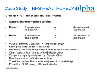 Case Study - NHS HEALTHCHECKS
Goals for NHS Health checks at Medical Practice

•   Suggestions from feedback session:

•   Phase 1       3 sessions/wk            ->                6 sessions w/k
                  75 a month               ->                150 month

•   Phase 2       6 sessions/wk            ->                12 sessions wk
                  150 a month              ->                300 month

•   Value of Smoking Cessation -> NHS Health check
•   Some patients for better Health Check
•   Use some time from Better Health Clinics to NHS Health check
•   Other “opportunistic” time to do NHS Health check
•   Temporary capacity available from Diabetic Clinic
•   Dressings – takes dedicated nurse time
•   Travel Vaccination Time – seasonal (some time availability)
•   Possibility of HCA doing NHS Health checks
ISO 9001 2008
 
