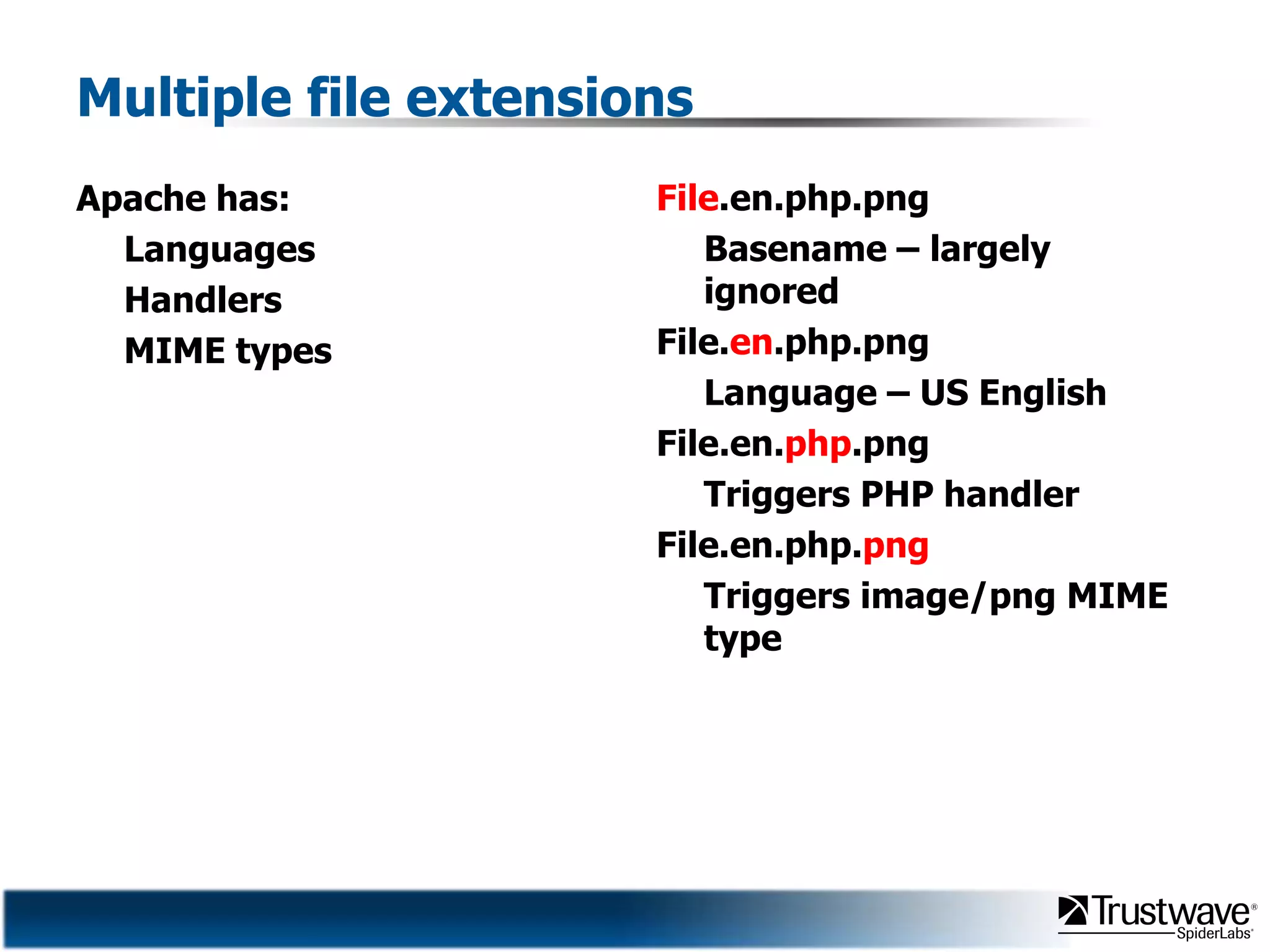 Multiple file extensionsApache has:LanguagesHandlersMIME typesFile.en.php.pngBasename– largely ignoredFile.en.php.pngLanguage – US EnglishFile.en.php.pngTriggers PHP handlerFile.en.php.pngTriggers image/png MIME type