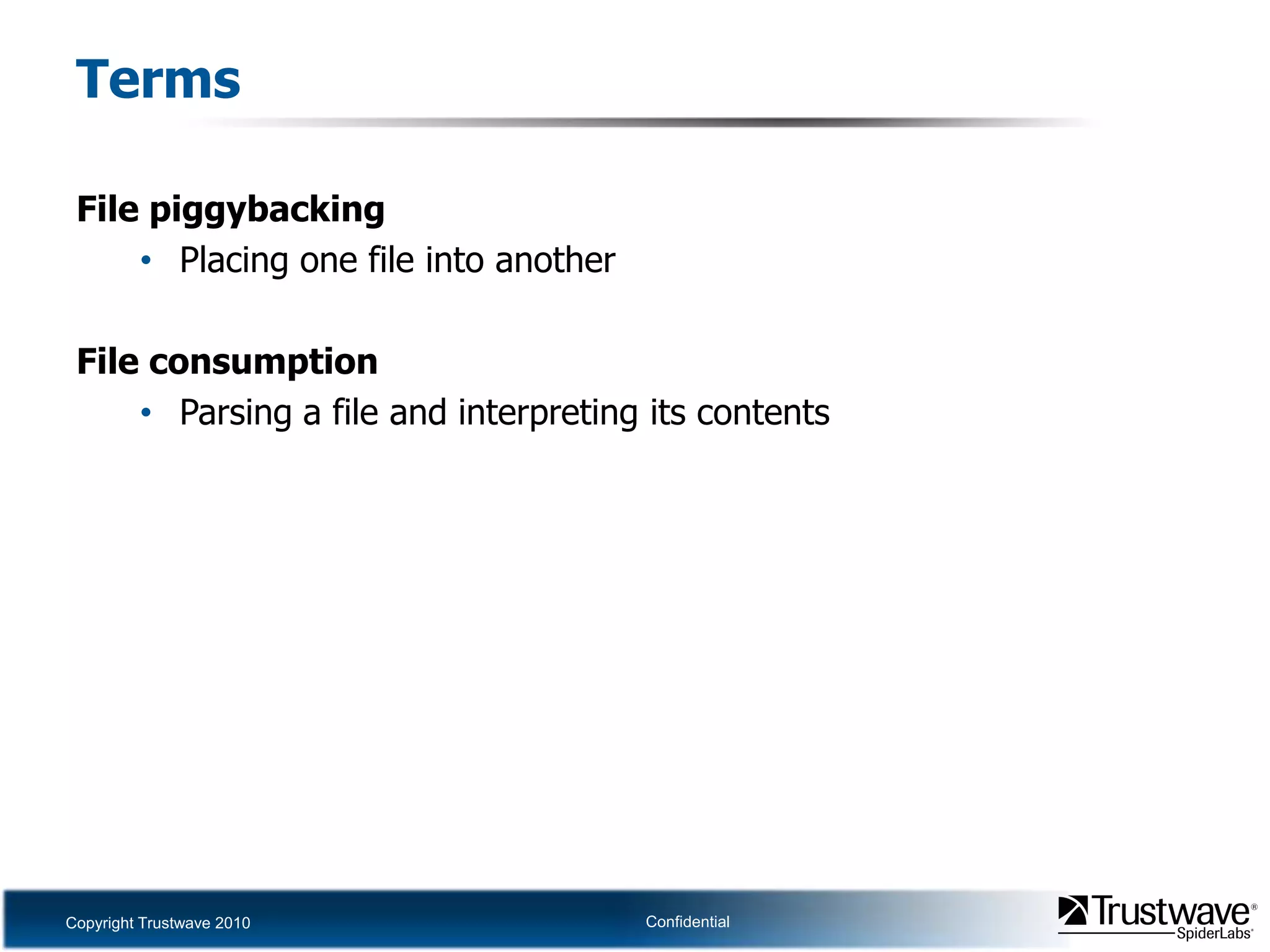 TermsFile piggybackingPlacing one file into anotherFile consumptionParsing a file and interpreting its contents