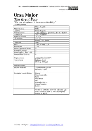 Jack Oughton – Observational Journal 09-10: Creative Commons Attribution-NonCommercial-

                                                                            ShareAlike 3.0



Ursa Major
The Great Bear
"The rule about bears is their unpredictability."
- Anonymous
                                    URSA MAJOR
Abbreviation                        UMa
Genitive                            Ursae Majoris
Pronunciation                       /ˈɜrsəә ˈmeɪdʒəәr/, genitive /ˌɜrsiː məәˈdʒɒrɨs/
Symbolism                           The Great Bear
Right ascension                     10.67 h
Declination                         +55.38°
                                    Family Ursa Major
Quadrant                            NQ2
Area                                1280 sq. deg. (3rd)
Main stars                          7, 20
Bayer/Flamsteed stars               93
Stars with planets                  9
Stars brighter than 3.00m           7
Stars within 10.00 pc               8

Brightest star                      ε UMa (Alioth) (1.76m)
Nearest star                        Lalande 21185
                                    (8.31 ly, 2.55 pc)

Messier objects                     7
Meteor showers                      Alpha Ursa Majorids
                                    Leonids-Ursids

Bordering constellations            Draco
                                    Camelopardalis
                                    Lynx
                                    Leo Minor
                                    Leo
                                    Coma Berenices
                                    Canes Venatici
                                    Boötes

                                    Visible at latitudes between +90° and −30°.
                                    Best visible at 21:00 (9 p.m.) during the
                                    month of April




Material by Jack Oughton – writing@xijindustries.com | www.writing.xijindustries.com
 