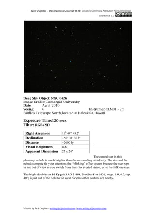 Jack Oughton – Observational Journal 09-10: Creative Commons Attribution-NonCommercial-

                                                                            ShareAlike 3.0




Deep Sky Object: NGC 6826
Image Credit: Glamorgan University
Date:       April 2010
Seeing:     6                             Instrument: EM01 - 2m
Faulkes Telescope North, located at Haleakala, Hawaii

Exposure Time:120 secs
Filter: RGB+ND

 Right Ascension                       19h 44m 48.2s
 Declination                           +50° 31′ 30.3″
 Distance                              ~2000 ly
 Visual Brightness                     8.8
 Apparent Dimension                    27 x 24"
                                                         The central star in this
planetary nebula is much brighter than the surrounding nebulosity. The star and the
nebula compete for your attention; the “blinking” effect occurs because the star pops
in and out of view as you switch from direct to averted vision, or so the folklore says.

The bright double star 16 Cygni (SAO 31898, NexStar Star 9426, mags. 6.0, 6.2, sep.
40′′) is just out of the field to the west. Several other doubles are nearby.




Material by Jack Oughton – writing@xijindustries.com | www.writing.xijindustries.com
 