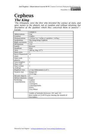 Jack Oughton – Observational Journal 09-10: Creative Commons Attribution-NonCommercial-

                                                                            ShareAlike 3.0



Cepheus
The King
"The Ethiopians were the first who invented the science of stars, and
gave names to the planets, not at random and without meaning, but
descriptive of the qualities which they conceived them to possess” -
Lucian
                        CEPHEUS
Abbreviation            Cep
Genitive                Cephei
Pronunciation           /ˈsiːfiəәs/ or /ˈsiːfjuːs/; genitive /ˈsiːfiaɪ/
Symbolism               The King/King Cepheus
Right ascension         22 h
Declination             +70°
Family                  Perseus
Quadrant                NQ4
Area                    588 sq. deg. (27th)
Main stars              7
Bayer/Flamsteed         43
stars
Stars with              1
planets
Stars brighter          1
than 3.00m
Stars within            3
10.00 pc
Brightest star          α Cep (Alderamin) (2.45m)
Nearest star            Kruger 60
                        (13.15 ly)
Messier objects         0
Meteor showers          None
Bordering               Cygnus
constellations          Lacerta
                        Cassiopeia
                        Camelopardalis
                        Draco
                        Ursa Minor

                        Visible at latitudes between +90° and −10°.
                        Best visible at 21:00 (9 p.m.) during the month of
                        November.




Material by Jack Oughton – writing@xijindustries.com | www.writing.xijindustries.com
 