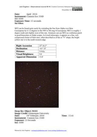 Jack Oughton – Observational Journal 09-10: Creative Commons Attribution-NonCommercial-

                                                                            ShareAlike 3.0


Date:      April 2010
Instrument: Cannon Eos 350D
ISO 1600
Exposure Time: 33 seconds
No Filter.

M52 can be found quite easily by extending the line from Alpha over Beta
Cassiopeiae by 6 1/2 degrees to the NW to 5th mag 4 Cassiopeiae; M52 is roughly 1
degree south and slightly west of this star. Amateurs can see M52 as a nebulous patch
in good binoculars or finder scopes. In 4-inch telescopes, it appears as a fine, rich
compressed cluster of faint stars, often described as of fan or "V" shape; the bright
yellow star is to the south-western edge.


  Right Ascension                      23h 24.2m
  Declination                          +61° 35′
  Distance                             5.0 kly
  Visual Brightness                    5.0
  Apparent Dimension                   13.0'




Deep Sky Object: M103
Image Credit: Glamorgan University
Date:      19th February 2010                                               Time: 15:41
Instrument: Cannon Eos 350D
Exposure: 23 Seconds
Iso: 1600


Material by Jack Oughton – writing@xijindustries.com | www.writing.xijindustries.com
 