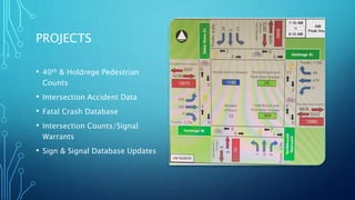 PROJECTS
• 40th & Holdrege Pedestrian
Counts
• Intersection Accident Data
• Fatal Crash Database
• Intersection Counts/Signal
Warrants
• Sign & Signal Database Updates
 