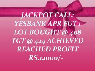 JACKPOT CALL:
YESBANK APR FUT 1
LOT BOUGHT @ 408
TGT @ 424 ACHIEVED
REACHED PROFIT
RS.12000/-
 