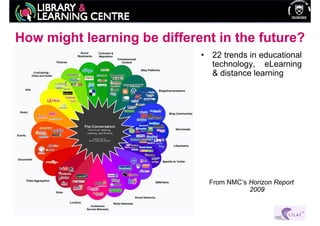 How might learning be different in the future?
                             •   22 trends in educational
                                 technology, eLearning
                                 & distance learning




                                 From NMC’s Horizon Report
                                            2009
 