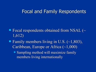 Focal and Family Respondents Focal respondents obtained from NSAL (~ 1,612) Family members living in U.S. (~1,803), Caribbean, Europe or Africa (~1,000) Sampling method will maximize family members living internationally 