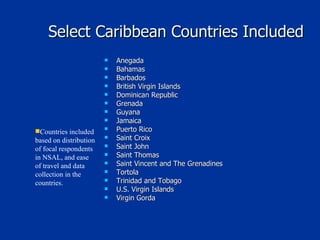 Select Caribbean Countries Included Anegada Bahamas  Barbados  British Virgin Islands  Dominican Republic  Grenada  Guyana  Jamaica  Puerto Rico  Saint Croix  Saint John  Saint Thomas  Saint Vincent and The Grenadines  Tortola  Trinidad and Tobago  U.S. Virgin Islands Virgin Gorda Countries included based on distribution of focal respondents in NSAL, and ease of travel and data collection in the countries. 