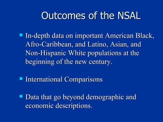 Outcomes of the NSAL In-depth data on important American Black, Afro-Caribbean, and Latino, Asian, and Non-Hispanic White populations at the beginning of the new century. International Comparisons Data that go beyond demographic and economic descriptions. 