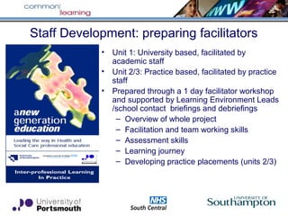 Staff Development: preparing facilitators
• Unit 1: University based, facilitated by
academic staff
• Unit 2/3: Practice based, facilitated by practice
staff
• Prepared through a 1 day facilitator workshop
and supported by Learning Environment Leads
/school contact briefings and debriefings
– Overview of whole project
– Facilitation and team working skills
– Assessment skills
– Learning journey
– Developing practice placements (units 2/3)
 