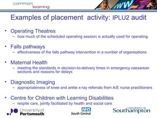 Examples of placement activity: IPLU2 audit
• Operating Theatres
– how much of the scheduled operating session is actually used for operating.
• Falls pathways
– effectiveness of the falls pathway intervention in a number of organisations
• Maternal Health
– meeting the standards in decision-to-delivery times in emergency caesarean
sections and reasons for delays
• Diagnostic Imaging
– appropriateness of knee and ankle x-ray referrals from A/E nurse practitioners
• Centre for Children with Learning Disabilities
– respite care, jointly facilitated by health and social care
 