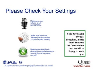 Los Angeles | London | New Delhi | Singapore | Washington DC | Boston www.Queri.com
Make sure your
volume is set
appropriately
Make sure you have
followed the instructions
on your keypad properly
Make sure everything is
plugged in properly to assure
your devices are working
correctly
If you have audio
or visual
difficulties, please
let us know via
the Question box
and we will be
happy to assist
you.
Please Check Your Settings
 
