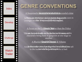 Intro
             A Suspenseful An emphasisfailed or successful crime
                           account of a on Action

            In ‘Weapon Of Choice’, the central protagonist’s seen in
              There are numerous action stunts that can be
            younger brother ‘Weapon Of Choice’ trailer.
                         the is successfully kidnapped.
Develop

                                 Shoot-Outs
               A Focus on the Criminals, Rather than the Police

            The are no police officersthe the trailer whatsoever.
              Guns feature heaily in in trailer, with many of the
               characters being held at gunpoint at one stage or
Challenge                            another
                               Double-Crosses
                     A Blurred Sense Of Heroes & Villains

                In the trailer it is clear that the female lead has
            Aside From the central protagonist, it is difficult to tell
                              committed a betrayal.
                  in the trailer who is good and who is bad.
Watch
Trailer
 