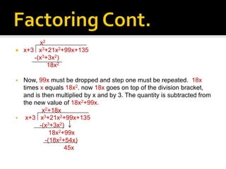 x2
   x+3 x3+21x2+99x+135
       -(x3+3x2)
            18x2

   Now, 99x must be dropped and step one must be repeated. 18x
    times x equals 18x2. now 18x goes on top of the division bracket,
    and is then multiplied by x and by 3. The quantity is subtracted from
    the new value of 18x2+99x.
           x2+18x
    x+3 x3+21x2+99x+135
          -(x3+3x2)
              18x2+99x
            -(18x2+54x)
                   45x
 