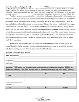 Black Hawk's Surrender Speech, 1832                              NAME________________________________
In 1830, Congress passed the Indian Removal Act and Native Americans were resettled in the West. In 1832 a
band of Sauk and Fox Indians tried to reoccupy the lands they had once held in the Illinois and Wisconsin
territories. The attempt failed and Chief Black Hawk was forced to surrender. The following is an excerpt of his
surrender speech.                             Holt, Rinehart and Winston, Chapter Resource File, The Age of Jackson, 12-13
        You have taken me prisoner with all my warriors. I am much grieved. I expected, if I did not defeat you,
to hold out much longer, and give you more trouble before I surrendered. I tried hard to bring you into ambush,
but your last general understands Indian fighting. The first one was not so wise. When I saw that I could not
beat you by Indian fighting, I determined to rush on you, and fight you face to face. I fought hard, but your guns
were well aimed. The bullets flew like birds in the air, and whizzed by our ears like the wind through the trees
in the winter. My warriors fell around me; it began to look dismal. I saw my evil day at hand. The sun rose dim
on us in the morning, and at night it sunk in a dark cloud, and was a ball of fire. That was the last sun that shone
on Black Hawk. His heart is dead, and no longer beats quick in his bosom. He is now a prisoner to the white
men; they will do with him as they wish. But he can stand torture, and is not afraid of death. He is no coward.
Black Hawk is an Indian.

        Farewell, my nation. Black Hawk tried to save you, and avenge your wrongs. He drank the blood of
some of the whites. He has been taken prisoner, and his plans are stopped. He can do no more. He is near his
end. His sun is setting, and he will rise no more. Farewell to Black Hawk.

Pronoun Deconstruction Activity
What is a Pronoun? _______________________________________________________________________
1st person: _______________________________________________________________________________
2nd person: ______________________________________________________________________________
3rd person: _______________________________________________________________________________

Directions: Circle all the first person pronouns, Underline all the second person pronouns, Box all the
third person pronouns. Then, fill in the chart below by listing the proper noun that refers to each pronoun.

                                     I                               My                             Me
Paragraph 1:
    You




 Paragraph 2:

   Your                              They                           He                             His/Him
 