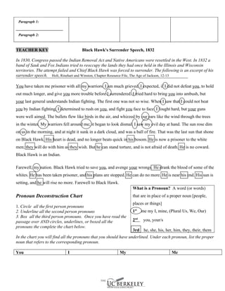 Paragraph 1:


 Paragraph 2:



TEACHER KEY                           Black Hawk's Surrender Speech, 1832

In 1830, Congress passed the Indian Removal Act and Native Americans were resettled in the West. In 1832 a
band of Sauk and Fox Indians tried to reoccupy the lands they had once held in the Illinois and Wisconsin
territories. The attempt failed and Chief Black Hawk was forced to surrender. The following is an excerpt of his
surrender speech. Holt, Rinehart and Winston, Chapter Resource File, The Age of Jackson, 12-13

You have taken me prisoner with all my warriors. I am much grieved. I expected, if I did not defeat you, to hold
out much longer, and give you more trouble before I surrendered. I tried hard to bring you into ambush, but
your last general understands Indian fighting. The first one was not so wise. When I saw that I could not beat
you by Indian fighting, I determined to rush on you, and fight you face to face. I fought hard, but your guns
were well aimed. The bullets flew like birds in the air, and whizzed by our ears like the wind through the trees
in the winter. My warriors fell around me; it began to look dismal. I saw my evil day at hand. The sun rose dim
on us in the morning, and at night it sunk in a dark cloud, and was a ball of fire. That was the last sun that shone
on Black Hawk. His heart is dead, and no longer beats quick in his bosom. He is now a prisoner to the white
men; they will do with him as they wish. But he can stand torture, and is not afraid of death. He is no coward.
Black Hawk is an Indian.

Farewell, my nation. Black Hawk tried to save you, and avenge your wrongs. He drank the blood of some of the
whites. He has been taken prisoner, and his plans are stopped. He can do no more. He is near his end. His sun is
setting, and he will rise no more. Farewell to Black Hawk.
                                                                    What is a Pronoun? A word (or words)
Pronoun Deconstruction Chart                                        that are in place of a proper noun [people,
                                                                    places or things]
1. Circle all the first person pronouns
2. Underline all the second person pronouns                         1st me my I, mine, (Plural Us, We, Our)
3. Box all the third person pronouns. Once you have read the
passage over AND circles, underlines, or boxed all the              2nd   you, your/s
pronouns the complete the chart below.
                                                                    3rd    he, she, his, her, him, they, their, them
In the chart you will find all the pronouns that you should have underlined. Under each pronoun, list the proper
noun that refers to the corresponding pronoun.

You                           I                              My                            Me
 