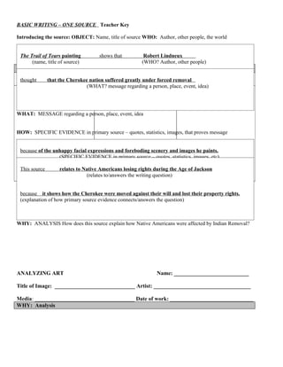BASIC WRITING – ONE SOURCE Teacher Key

Introducing the source: OBJECT: Name, title of source WHO: Author, other people, the world


 The Trail of Tears painting         shows that          Robert Lindneux
       (name, title of source)                          (WHO? Author, other people)
Visual Analysis Worksheet

  thought
I see ….       that the Cherokee nation suffered greatly under forced removal
                                    It tells me …..                     I wonder …..
                                (WHAT? message regarding a person, place, event, idea)




WHAT: MESSAGE regarding a person, place, event, idea


HOW: SPECIFIC EVIDENCE in primary source – quotes, statistics, images, that proves message


 because of the unhappy facial expressions and foreboding scenery and images he paints.
                  (SPECIFIC EVIDENCE in primary source – quotes, statistics, images, etc)

 This source        relates to Native Americans losing rights during the Age of Jackson
                                 (relates to/answers the writing question)


 because it shows how the Cherokee were moved against their will and lost their property rights.
 (explanation of how primary source evidence connects/answers the question)



WHY: ANALYSIS How does this source explain how Native Americans were affected by Indian Removal?




ANALYZING ART                                                  Name: ___________________________

Title of Image: _____________________________ Artist: ___________________________________

Media: ____________________________________ Date of work: ______________________________
WHY: Analysis
 