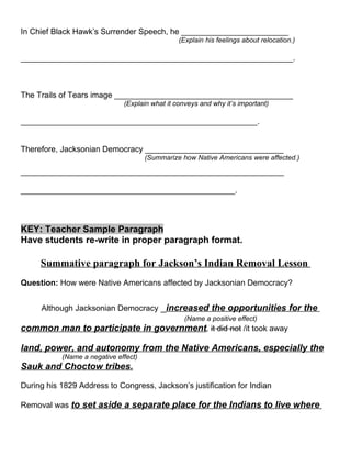 In Chief Black Hawk’s Surrender Speech, he ________________________
                                                (Explain his feelings about relocation.)

_____________________________________________________________.



The Trails of Tears image ________________________________________
                              (Explain what it conveys and why it’s important)

_____________________________________________________.


Therefore, Jacksonian Democracy _______________________________
                                      (Summarize how Native Americans were affected.)

___________________________________________________________

________________________________________________.



KEY: Teacher Sample Paragraph
Have students re-write in proper paragraph format.

     Summative paragraph for Jackson’s Indian Removal Lesson
Question: How were Native Americans affected by Jacksonian Democracy?


     Although Jacksonian Democracy _increased the opportunities for the
                                                  (Name a positive effect)
common man to participate in government, it did not /it took away

land, power, and autonomy from the Native Americans, especially the
           (Name a negative effect)
Sauk and Choctow tribes.

During his 1829 Address to Congress, Jackson’s justification for Indian

Removal was to set aside a separate place for the Indians to live where
 