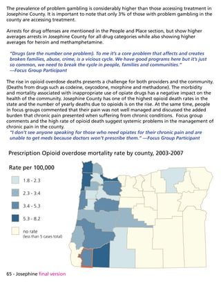 65 - Josephine final version
The prevalence of problem gambling is considerably higher than those accessing treatment in
Josephine County. It is important to note that only 3% of those with problem gambling in the
county are accessing treatment.
Arrests for drug offenses are mentioned in the People and Place section, but show higher
averages arrests in Josephine County for all drug categories while also showing higher
averages for heroin and methamphetamine.
“Drugs (are the number one problem). To me it’s a core problem that affects and creates
broken families, abuse, crime, is a vicious cycle. We have good programs here but it’s just
so common, we need to break the cycle in people, families and communities.”
—Focus Group Participant
The rise in opioid overdose deaths presents a challenge for both providers and the community.
(Deaths from drugs such as codeine, oxycodone, morphine and methadone). The morbidity
and mortality associated with inappropriate use of opiate drugs has a negative impact on the
health of the community. Josephine County has one of the highest opioid death rates in the
state and the number of yearly deaths due to opioids is on the rise. At the same time, people
in focus groups commented that their pain was not well managed and discussed the added
burden that chronic pain presented when suffering from chronic conditions. Focus group
comments and the high rate of opioid death suggest systemic problems in the management of
chronic pain in the county.
“I don’t see anyone speaking for those who need opiates for their chronic pain and are
unable to get meds because doctors won’t prescribe them.” —Focus Group Participant
Prescription Opioid overdose mortality rate by county, 2003-2007
Rate per 100,000
1.8 - 2.3
2.3 - 3.4
3.4 - 5.3
5.3 - 8.2
no rate
(less than 5 cases total)
 
