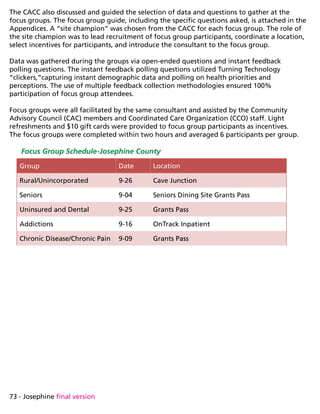 73 - Josephine final version
The CACC also discussed and guided the selection of data and questions to gather at the
focus groups. The focus group guide, including the specific questions asked, is attached in the
Appendices. A “site champion” was chosen from the CACC for each focus group. The role of
the site champion was to lead recruitment of focus group participants, coordinate a location,
select incentives for participants, and introduce the consultant to the focus group.
Data was gathered during the groups via open-ended questions and instant feedback
polling questions. The instant feedback polling questions utilized Turning Technology
“clickers,”capturing instant demographic data and polling on health priorities and
perceptions. The use of multiple feedback collection methodologies ensured 100%
participation of focus group attendees.
Focus groups were all facilitated by the same consultant and assisted by the Community
Advisory Council (CAC) members and Coordinated Care Organization (CCO) staff. Light
refreshments and $10 gift cards were provided to focus group participants as incentives.
The focus groups were completed within two hours and averaged 6 participants per group.
Focus Group Schedule-Josephine County
Group Date Location
Rural/Unincorporated 9-26 Cave Junction
Seniors 9-04 Seniors Dining Site Grants Pass
Uninsured and Dental 9-25 Grants Pass
Addictions 9-16 OnTrack Inpatient
Chronic Disease/Chronic Pain 9-09 Grants Pass
 