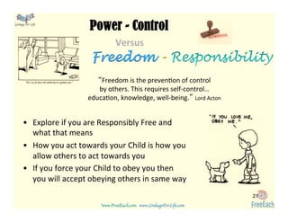 www.FreeEach.com	
  	
  	
  www.LinkageForLife.com	

	
  
Linkage For Life	

Power - Control
Versus	
  
	
  	
  	
  	
  	
  	
  	
  	
  	
  	
  	
  	
  Freedom -
•  Explore	
  if	
  you	
  are	
  Responsibly	
  Free	
  and	
  
what	
  that	
  means	
  
•  How	
  you	
  act	
  towards	
  your	
  Child	
  is	
  how	
  you	
  
allow	
  others	
  to	
  act	
  towards	
  you	
  
•  If	
  you	
  force	
  your	
  Child	
  to	
  obey	
  you	
  then	
  
you	
  will	
  accept	
  obeying	
  others	
  in	
  same	
  way	
  
21
“Freedom	
  is	
  the	
  preven<on	
  of	
  control	
  	
  
by	
  others.	
  This	
  requires	
  self-­‐control…
educa<on,	
  knowledge,	
  well-­‐being.” Lord	
  Acton	
  
 