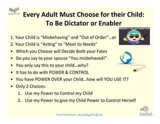 www.FreeEach.com	
  	
  	
  www.LinkageForLife.com	

	
  
Linkage For Life	

Every	
  Adult	
  Must	
  Choose	
  for	
  their	
  Child:	
  
To	
  Be	
  Dictator	
  or	
  Enabler	
  
1.	
  Your	
  Child	
  is	
  “Misbehaving”	
  and	
  “Out	
  of	
  Order”…or	
  
2.	
  Your	
  Child	
  is	
  “Ac<ng”	
  to	
  “Meet	
  its	
  Needs”	
  
•  Which	
  you	
  Choose	
  will	
  Decide	
  Both	
  your	
  Fates	
  
•  Do	
  you	
  say	
  to	
  your	
  spouse	
  “You	
  misbehaved!”	
  
•  You	
  only	
  say	
  this	
  to	
  your	
  child…why?	
  
•  It	
  has	
  to	
  do	
  with	
  POWER	
  &	
  CONTROL	
  
•  You	
  have	
  POWER	
  OVER	
  your	
  Child…how	
  will	
  YOU	
  USE	
  IT?	
  
•  Only	
  2	
  Choices:	
  
1.  Use	
  my	
  Power	
  to	
  Control	
  my	
  Child	
  
2.  Use	
  my	
  Power	
  to	
  give	
  my	
  Child	
  Power	
  to	
  Control	
  Herself	
  
23
 