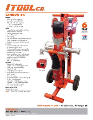 150818_FL_iTOOLco10
iTOOLCO.
865-670-3713 • iTOOLco.com
Innovative Tools For Professional Electricians & Contractors
iTOOLCO.
Real Jacks™
Safer
•• Easily lift heavy wire reels for convenient pulling
•• Separate sides can be used safely on uneven ground
•• Use with the Real Axle - designed for heavier loads
•• Won’t tip over
Smarter
•• Store and transport Real Jacks right on the Real Tender
•• Can be used with 22" to 66" spools
•• Fits compartmentalized reels
•• Compact design and convenient handles
•• Easy to carry at 35 lb. per side
•• Can be used with our axle, a 1.5" solid or a 2" rigid pipe
Faster
•• Set up in less than 1 minute
•• Four 20,000 lb. rated bearings make wire pulling smooth and easy
•• No drills or extra tools needed
•• Fast and easy to jack up
Specifications
•• Length: 37"
•• Width: 10" per side
•• Lowest height (for 22" spool): 11-1/2"
•• Height fully extended (for 66" spool): 38-1/2"
•• Weight per jack: 35 lb., each set weighs 70 lb.
•• iToolco axle specifications: high chromium content engineered for loads
up to 6,000 lb., 2-1/16" I.D., 2-1/2" O.D.
NOTE: Patented
Model Description
RJ6K Real Jacks
Jack Rack™
Smarter
•• Keeps Real Jacks (RJ6K) neatly organized
•• Easy transportation of 5 sets
of Real Jacks and Axles
Model Description
JR01 Jack Rack for Real Jacks
Real Axle™
•• High chromium content
•• For use with Real Jacks
Model Description
AX03 5' Real Axle
AX02 6' Real Axle
AXS01 6' Real Solid Axle
AX04 Real Big Jack Axle
Real Jacks
feature built-in
carry handles.
 