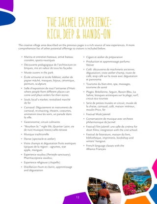thejacmel Experience:
rich,deep& hands-on
Marina et entretien bateaux; arrivé bateau
croisière; sports nautiques
Découverte pedagogique de l’architecture en
briques; mis en valeur de tous les façades
Musée ouvert in the park
École artisanat et école folklore; atelier de
papier mâché, masques, bijoux, céramique,
peinture, sculpture
Salle d’exposition de tout l’artisanat d’Haiti
where people from different places can
come and place orders for their stores.
Souk; local’s market; revitalized marché
de fer
Carnaval: Déguisement et instruments de
carnaval, re-enacting, theatre, costumes,
animation tous les soirs, un parade dans
la ville.
Gastronomie; circuit culinaires
“Bourbon St.” night life; Quartier Latin; vie
de nuit/musique/restos/cafés-terasse
Musique traditionelle
Danse (spectacle et atelier)
Visite champs et dégustation fruits exotiques
tipiques de la région – agrumes, star
apple, mangues
Experience vaudou (Peristyle sanctuary);
Pharmacopoeia vaudou;
Experience réligieuse (chapelle)
Distillation rhum et clairin, apprentissage
and dégustation
Cigare et atelier de préparation
Production et apprentissage parfums:
Vetiver
Café: découverte de machinerie ancienne;
dégustation; visite atelier-champ, route de
café; stop café sur la route avec dégustation
et panorama
Tourisme du bien-étre, spa, massages,
tourisme de santé
Plages: Brézilienne, Seguin, Bassin Bleu, La
Saline; kiosques artistiques sur la plage; surf;
circuit éco touriste
Serie de petites musées en circuit; musée de
la chaise, carnaval, café, maison intérieur,
moulin Price, fer
Festival Mizik Jakmèl
Conservatoire de musique avec orcheste
philarmonique de Jacmel
Festival Film Jakmèl: une salle de cinéma for
short ﬁlms; integration with the ciné school.
Festival de litterature, maison du livre,
bibliothèque, imprimerie, bookshop and
writers’ hangout.
French language classes with the
Alliance Français
The creative village area described on the previous pages is a rich source of new experiences. A more
comprehensive list of other potential offerings to visitors is included below.
12
 