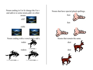 Nouns ending in f or fe change the f to v and add es to some nouns,add s to other .nouns cliff cliffs Nouns ending with a vowel and o add s. rodeo rodeos Nouns that have special plural spellings. foot feet Nouns that remain the same. deer deer 