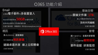 企業級電子郵件和多裝置登入
每位使用者都享有 50GB的儲存空間
專業級垃圾郵件及惡意軟體防護
支援行動裝置、專屬網域 例如@omexeylove.com.tw
Email
文件共用及雲端文件庫 (1TB)
線上及離線存取您的文件
及時共同編輯
支援行動裝置
雲端空間
統一管理平台、全面共享管理
所有使用者權限控管
郵件追蹤、狀態監控
支援行動裝置
管理
多人即時訊息、語音通話
多方高解析度視訊會議
遠端桌面共享、線上立即開會
支援行動裝置
視訊
 
