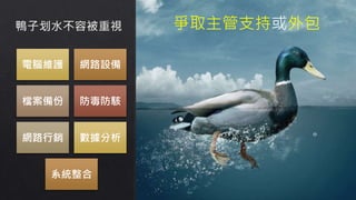 電腦維護 網路設備
檔案備份 防毒防駭
網路行銷 數據分析
系統整合
爭取主管支持或外包
 