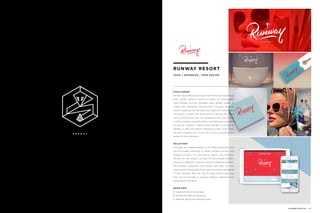 E N E R G Y
RUNWAY RESORT
LO G O / B R A N D I N G / W E B D E S I G N
C H A L L E N G E :
Former South Beach promoter Alan Roth has joined forces
with Lauren Abrams, previous owner of Islamorada’s
Casa Morada, and Ian Schrager alum Robert Todak, to
create the spanking new-but-retro Runway Resorts,
which is opening its first boutique property in downtown
Hollywood, Florida. The hotel aims to capture the 1960s
vibe of the existing low rise neighborhoods, and update
it with a modern sensibility and a contemporary standard
of service. Jacober Creative was brought on board to
develop a logo and brand architecture that could carry
the new company into the future as more properties are
added to their portfolio.
S O L U T I O N :
The logo we created reflects a fun 1960s sensibility that
can bring back memories of Vegas, Sinatra, martinis and
Playboy bunnies. It is distinctive, catchy and perfectly
attuned to the owners’ concept of retro-meets-modern,
working in different contexts and with different palettes.
We created a beautiful hand drawn font that not only
captured the unique feel of the hotel but also the sensibility
of the intended ’60s era. The Runway Resort logo was
then carried through in signage, apparel, stationary and
on-property branding.
S E R V I C E S :
// Logo and identity package
// Sample branded accessories
// Website design and development
JACOBER CREATIVE | 27
 